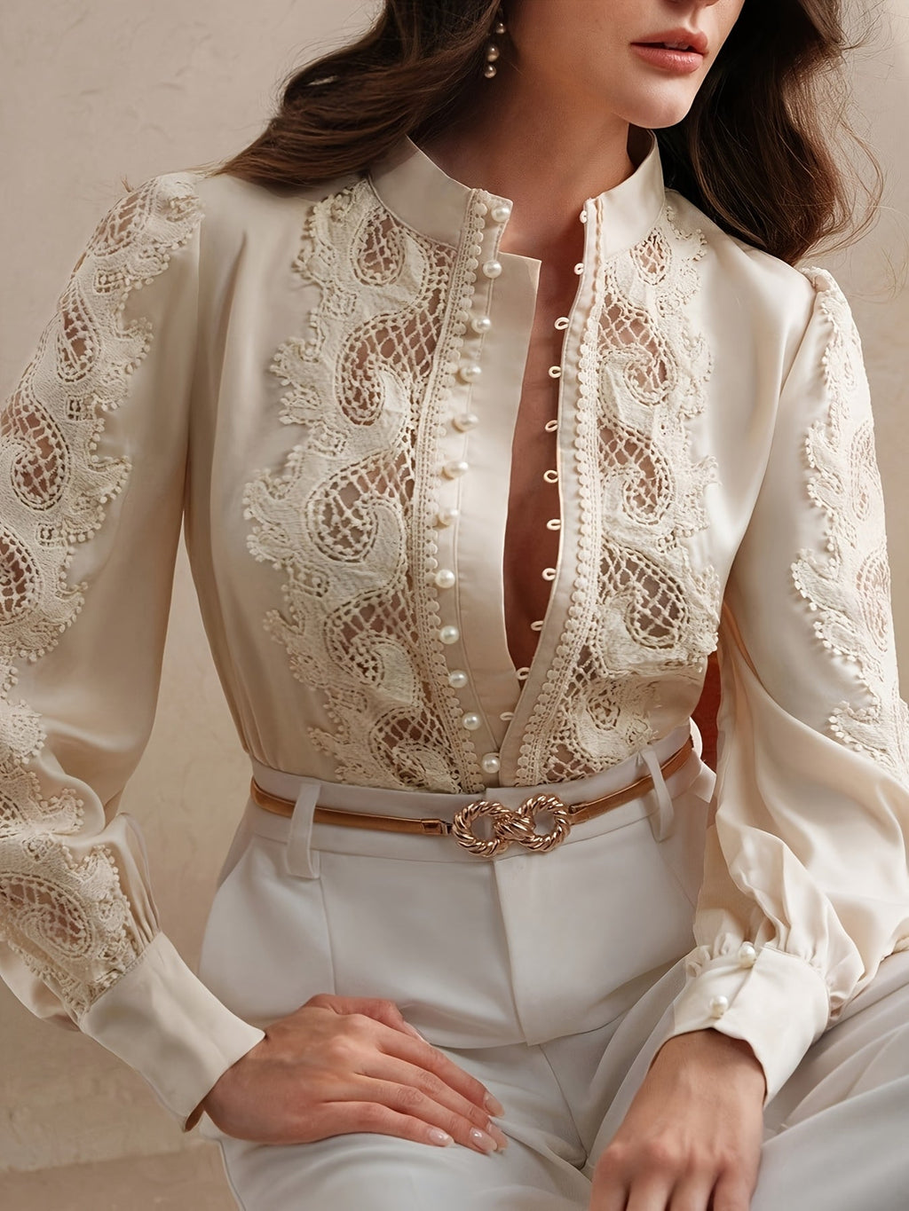 SHOWLU Women's lace-trimmed semi-sheer blouse with stand collar, stylish semi-transparent shirt for a chic, feminine look.