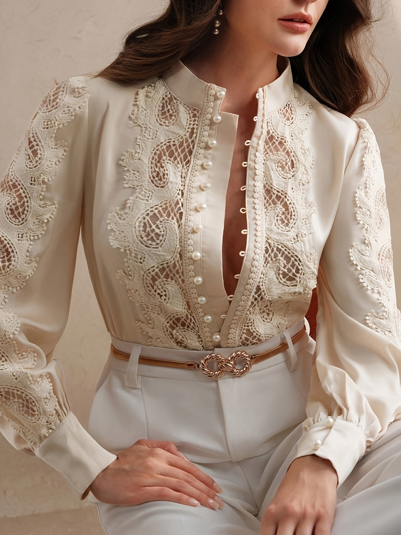 SHOWLU Women's lace-trimmed semi-sheer blouse with stand collar, stylish semi-transparent shirt for a chic, feminine look.