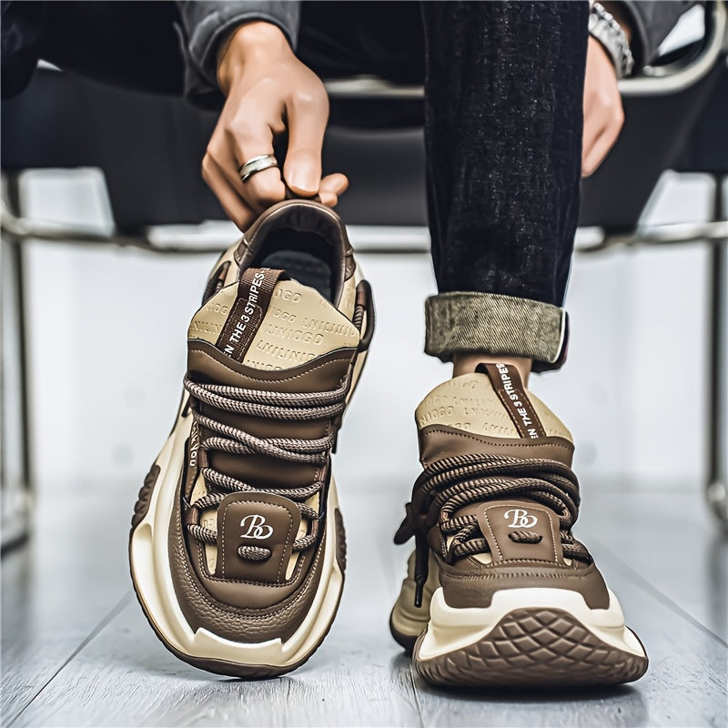 SHOWLU Men's thick-soled dad shoes with anti-slip casual mid-top sneakers in black, featuring sturdy design and comfortable fit.
