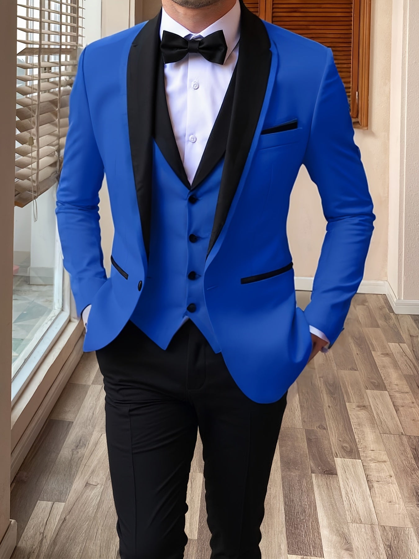 SHOWLU FASHION men's 3-piece slim fit suit with shawl lapel, formal wedding set, including jacket, vest, and trousers, in classic black.