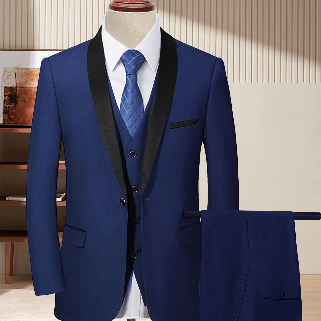 Men's slim fit wedding suit by LIVEZOU, includes shawl collar tuxedo jacket, vest, and trousers in a stylish 3-piece set.