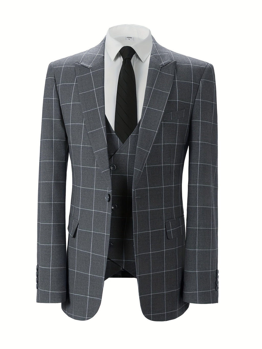 SHOWLU FASHION men's 3-piece slim fit plaid suit with peak lapel tuxedo, featuring a jacket, vest, and trousers on a hanger.