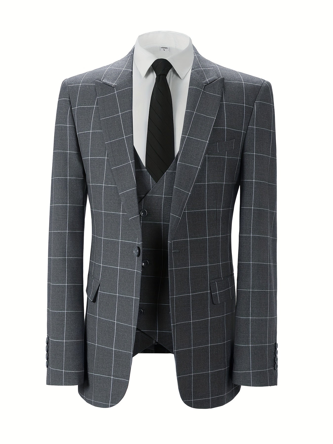 SHOWLU FASHION men's 3-piece slim fit plaid suit with peak lapel tuxedo, featuring a jacket, vest, and trousers on a hanger.