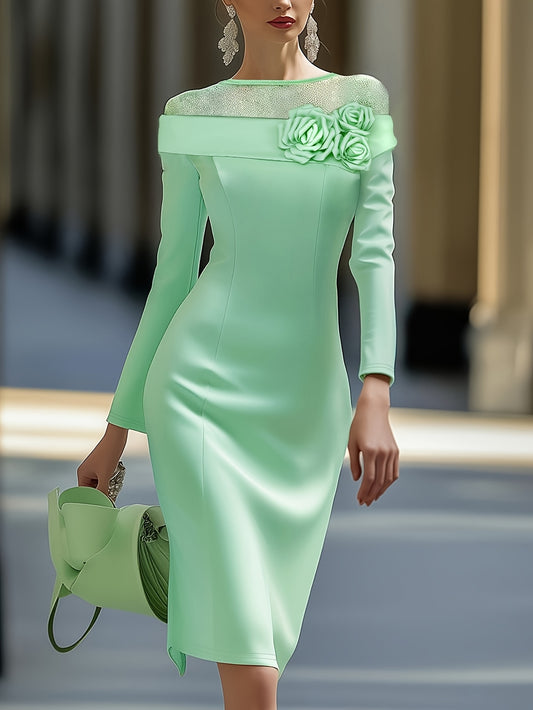 [Mint Green Dress] Polyester Elegant Mint Green Off-Shoulder Long Sleeve Bodycon Dress | Floral Embellishments, Perfect for Adult Women, All-Season Wear, Formal Evening Gown