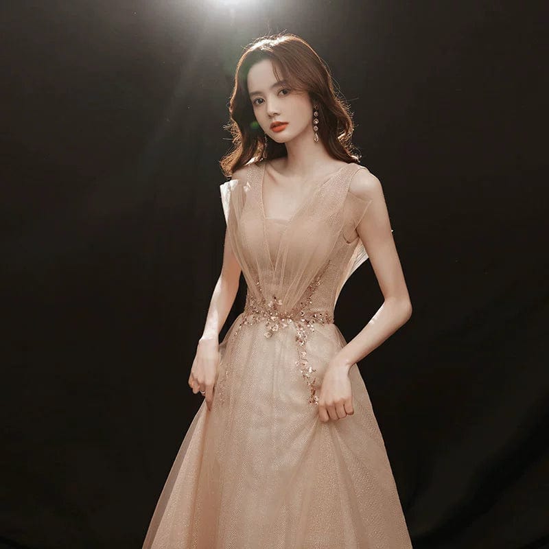 Showlu Fashion champagne embroidered evening gown with elegant mid-length design, featuring intricate vocal music art embroidery.