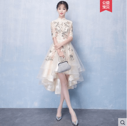 Champagne embroidered evening gown by Showlu Fashion, featuring elegant mid-length design with musical and artistic embroidery details.