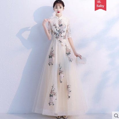 Showlu Fashion champagne embroidered evening gown with elegant mid-length design, featuring intricate music and art-inspired details.