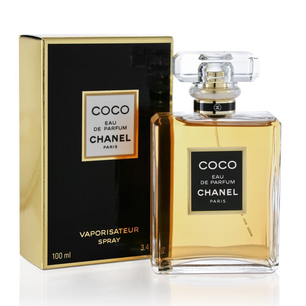 Chanel Coco Eau de Parfum Spray for Women, 3.4 oz, with spicy oriental fragrance, shown in a sleek perfume bottle.
