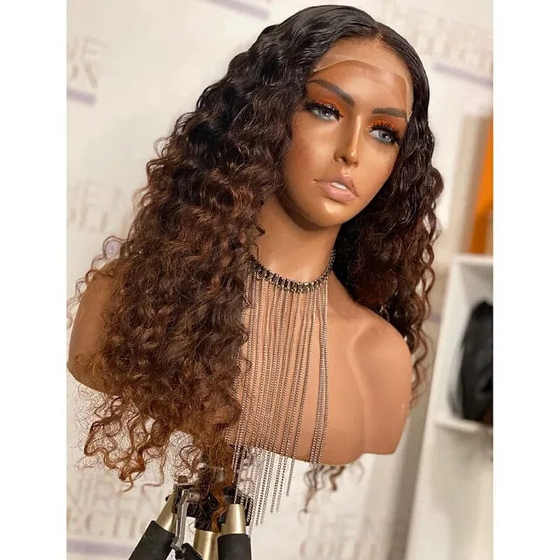 Showlu HD transparent deep curly lace frontal wig made from virgin Brazilian human hair, showcasing full lace front and natural waves.
