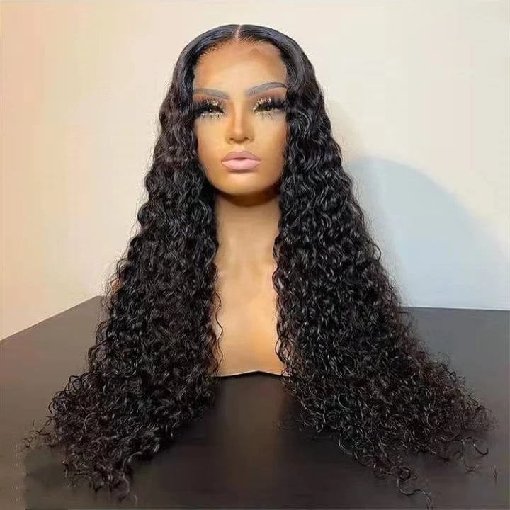 Showlu HD transparent deep curly lace frontal wig made of virgin Brazilian human hair, featuring natural wave and full lace front.