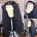 Showlu HD transparent deep curly lace frontal wig made of virgin Brazilian human hair with natural wave pattern.
