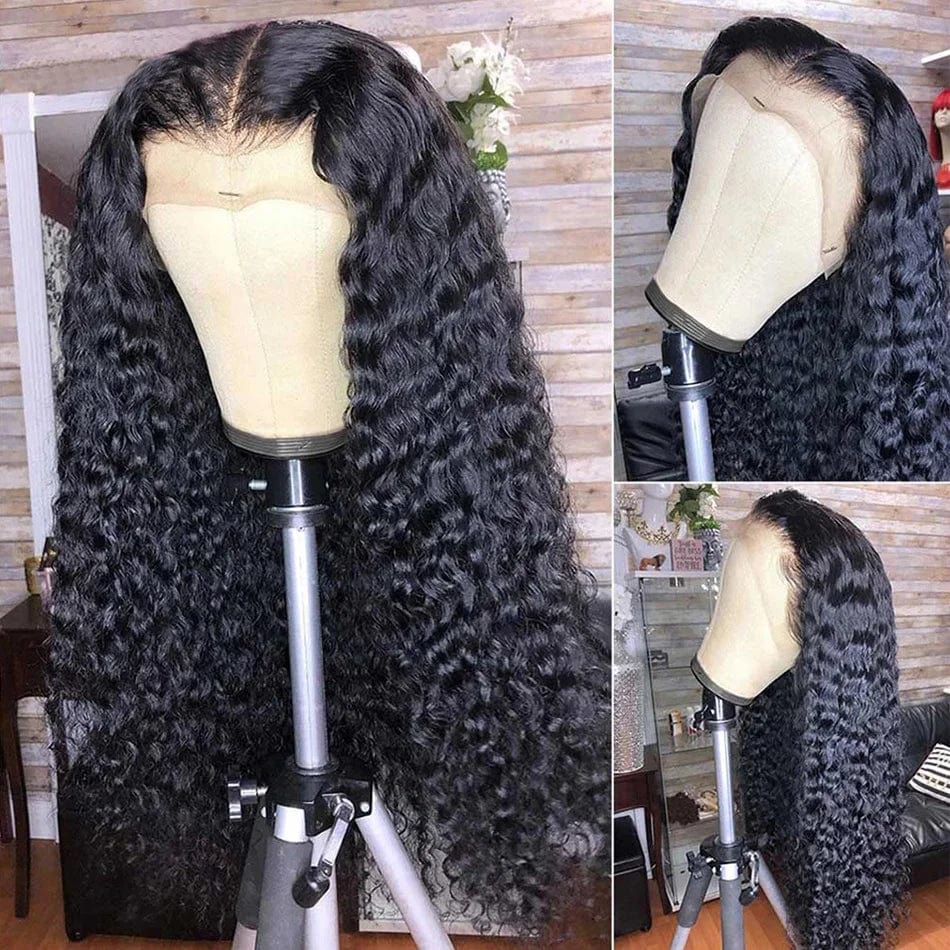 Showlu HD transparent deep curly lace frontal wig made of virgin Brazilian human hair with natural wave pattern.