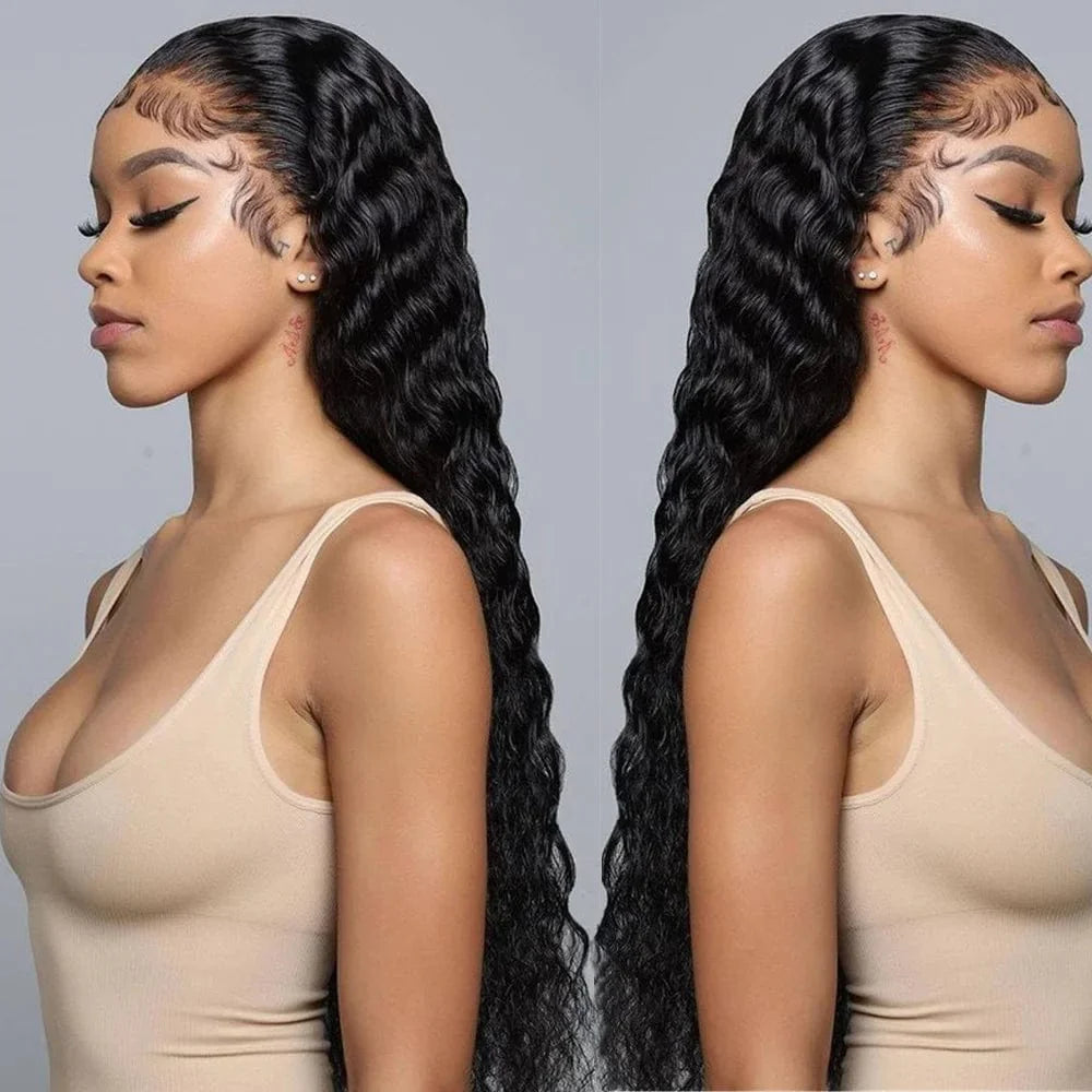Showlu HD transparent deep curly lace frontal wig made from Brazilian virgin human hair with natural wave pattern.