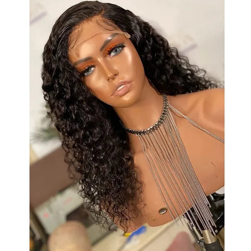 Showlu HD transparent deep curly lace frontal wig made of virgin Brazilian human hair, with natural waves and full lace construction.