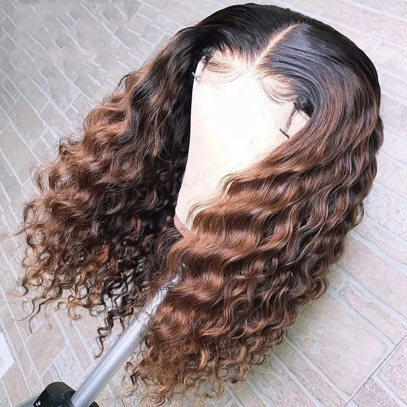 Showlu HD transparent deep curly lace frontal wig made of virgin Brazilian human hair with natural wave and full lace construction.
