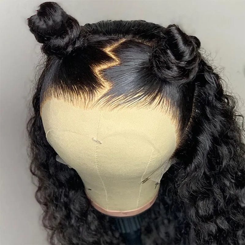 Showlu HD transparent deep curly lace frontal wig made of virgin Brazilian human hair with natural wave pattern.