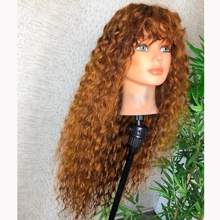 HD transparent lace frontal wig with deep curly Brazilian human hair, showcasing natural waves and full lace construction.