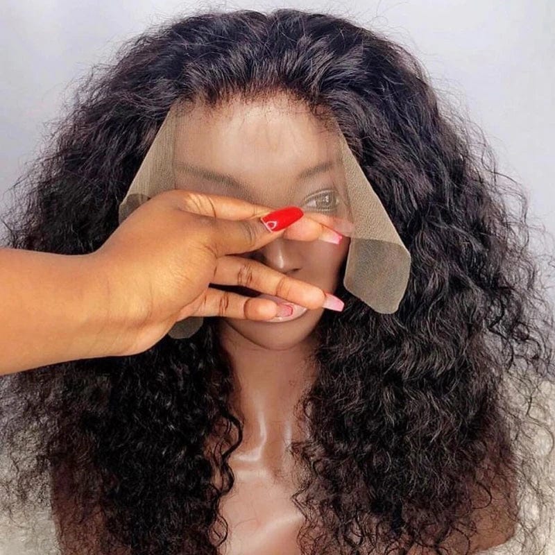 Showlu HD transparent deep curly lace frontal wig made of virgin Brazilian human hair with natural wave and full lace construction.