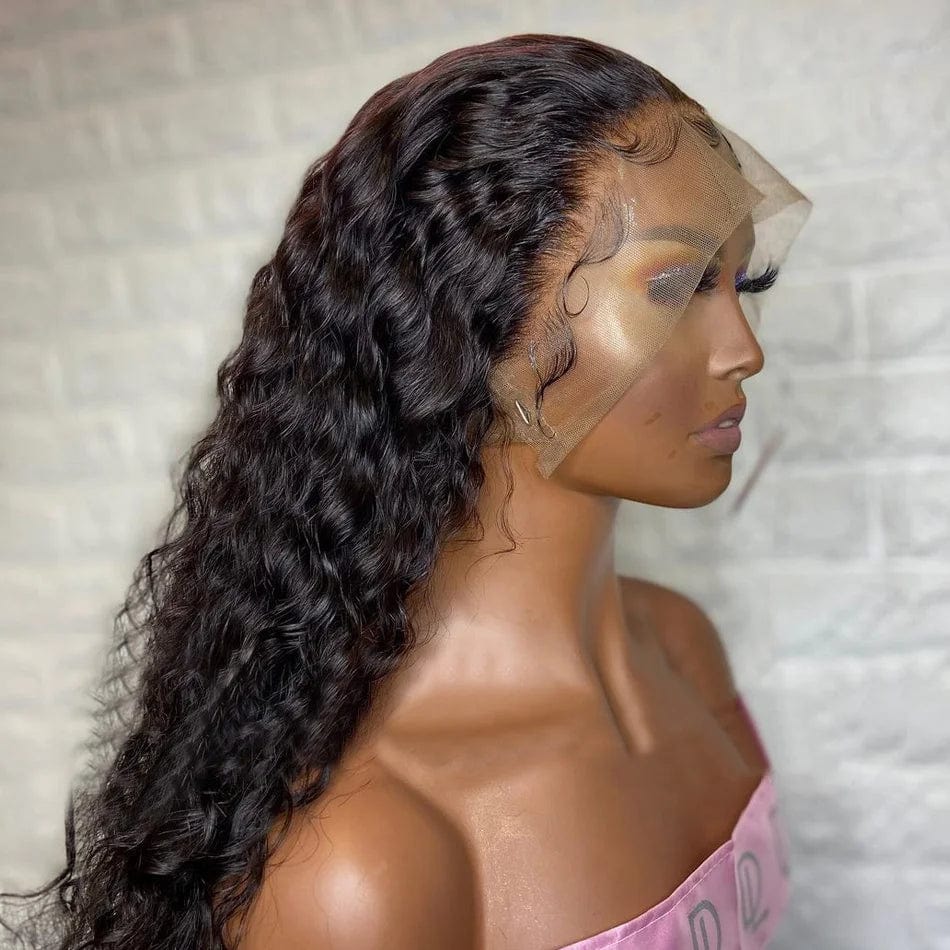 Showlu HD transparent deep curly lace frontal wig made from virgin Brazilian human hair, featuring natural waves and full lace construction.