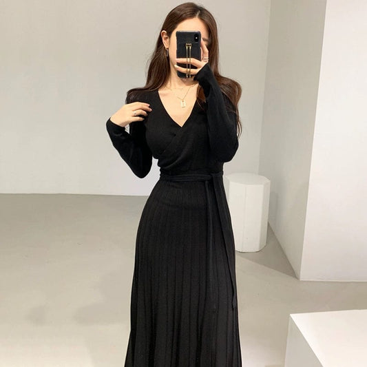 Chic Cross Lace up Slimming Pleated Knit Dress - SHOWLU FASHION STORE