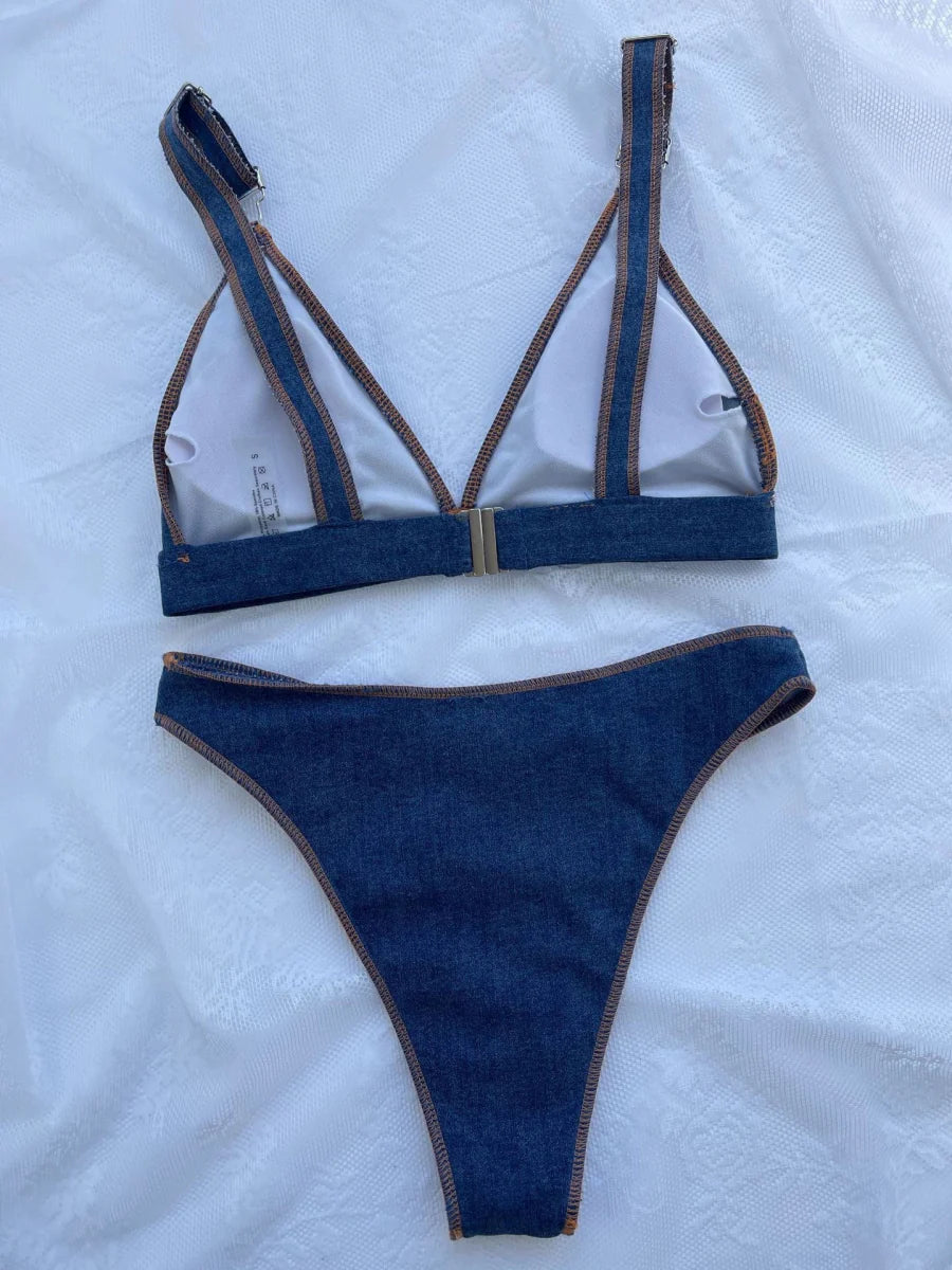 Blue denim high-waist bikini set with adjustable straps from Showlu Fashion, featuring a chic and stylish swimwear design.