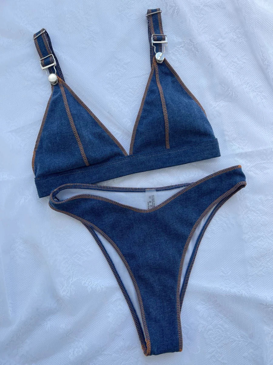 Denim blue high-waist bikini set with adjustable straps from Showlu Fashion, featuring a trendy and stylish swimwear design.