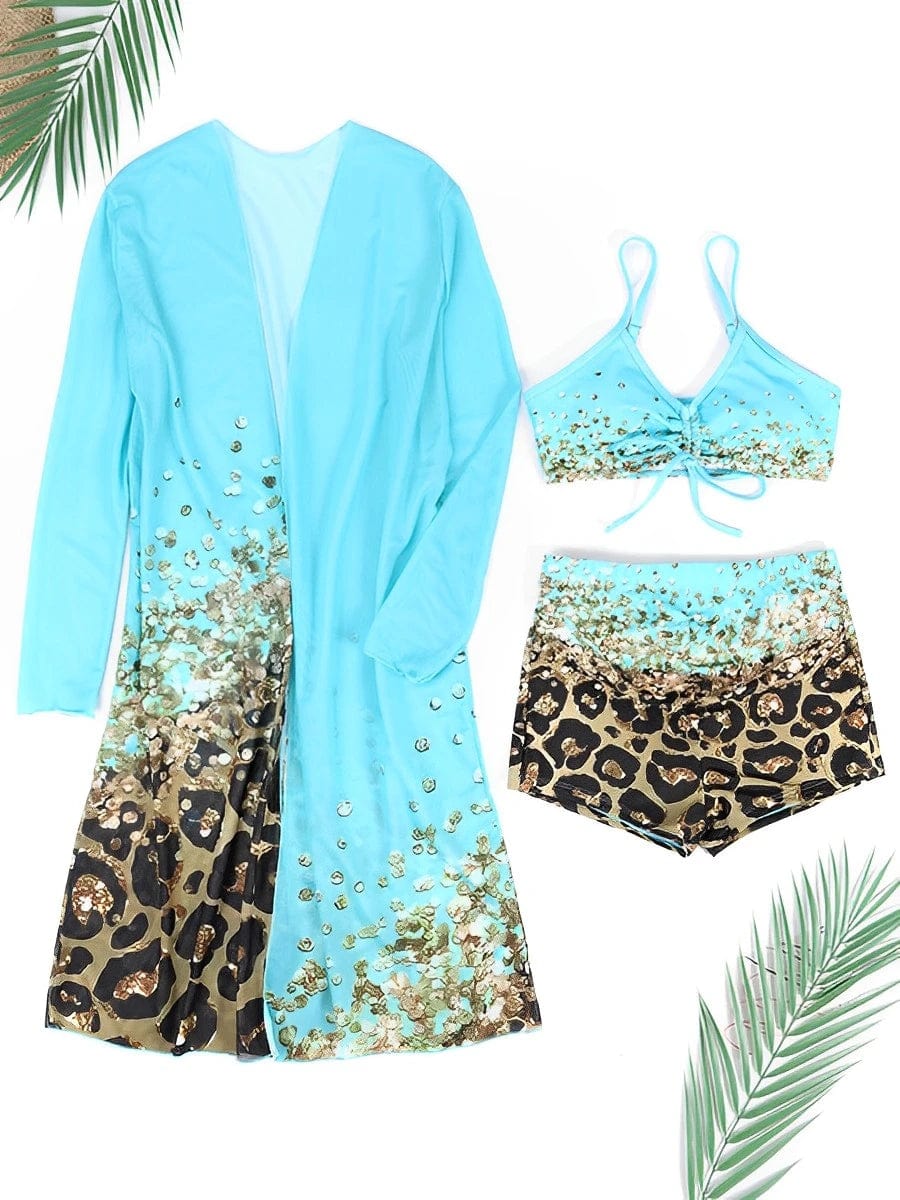 Showlu Fashion women's 3-piece high waist bikini set with matching kimono, featuring stylish design and comfortable fit.