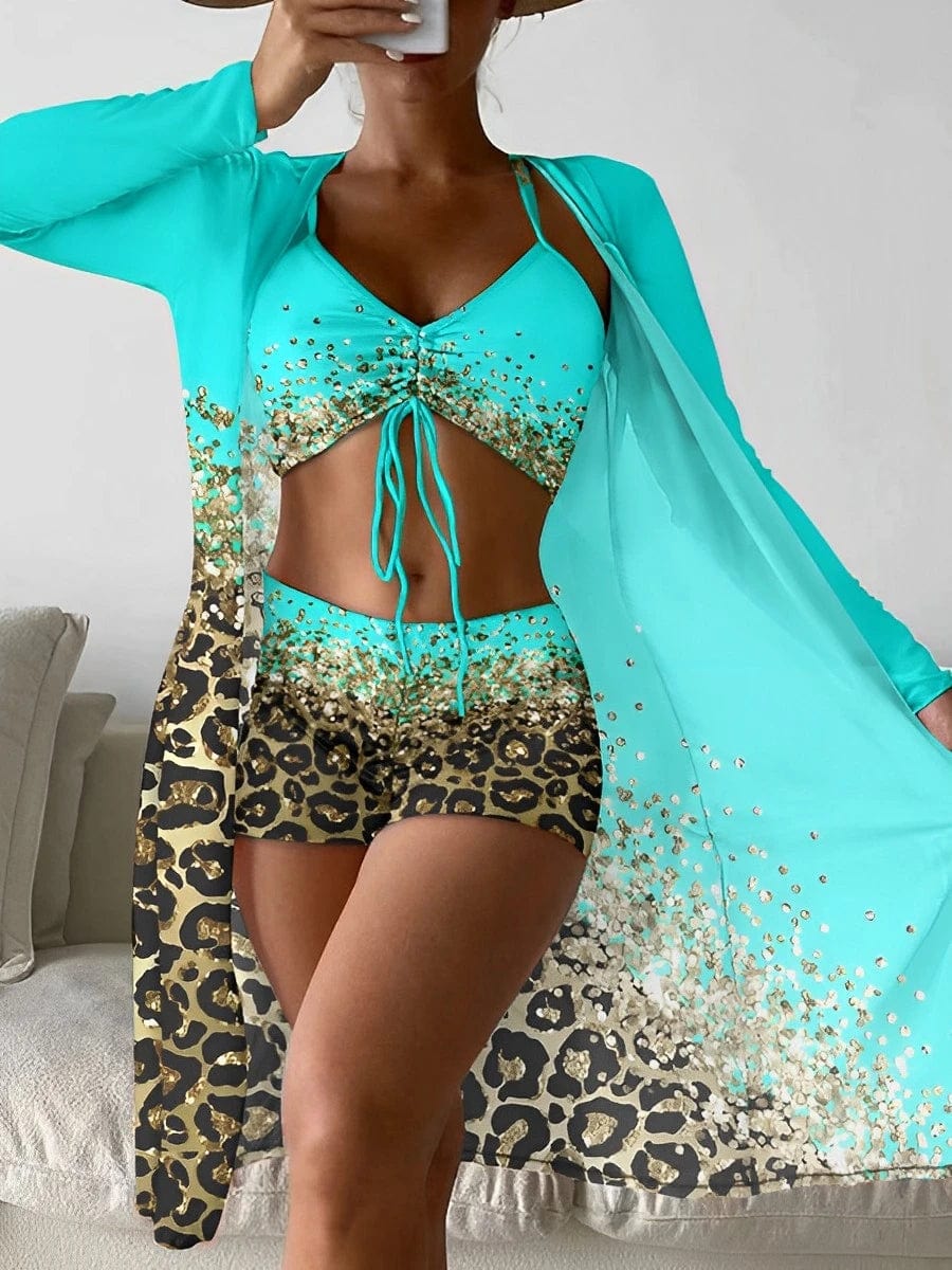 Chic Showlu Fashion women's 3-piece high waist bikini set with matching kimono, stylish swimwear for beach or poolside wear.