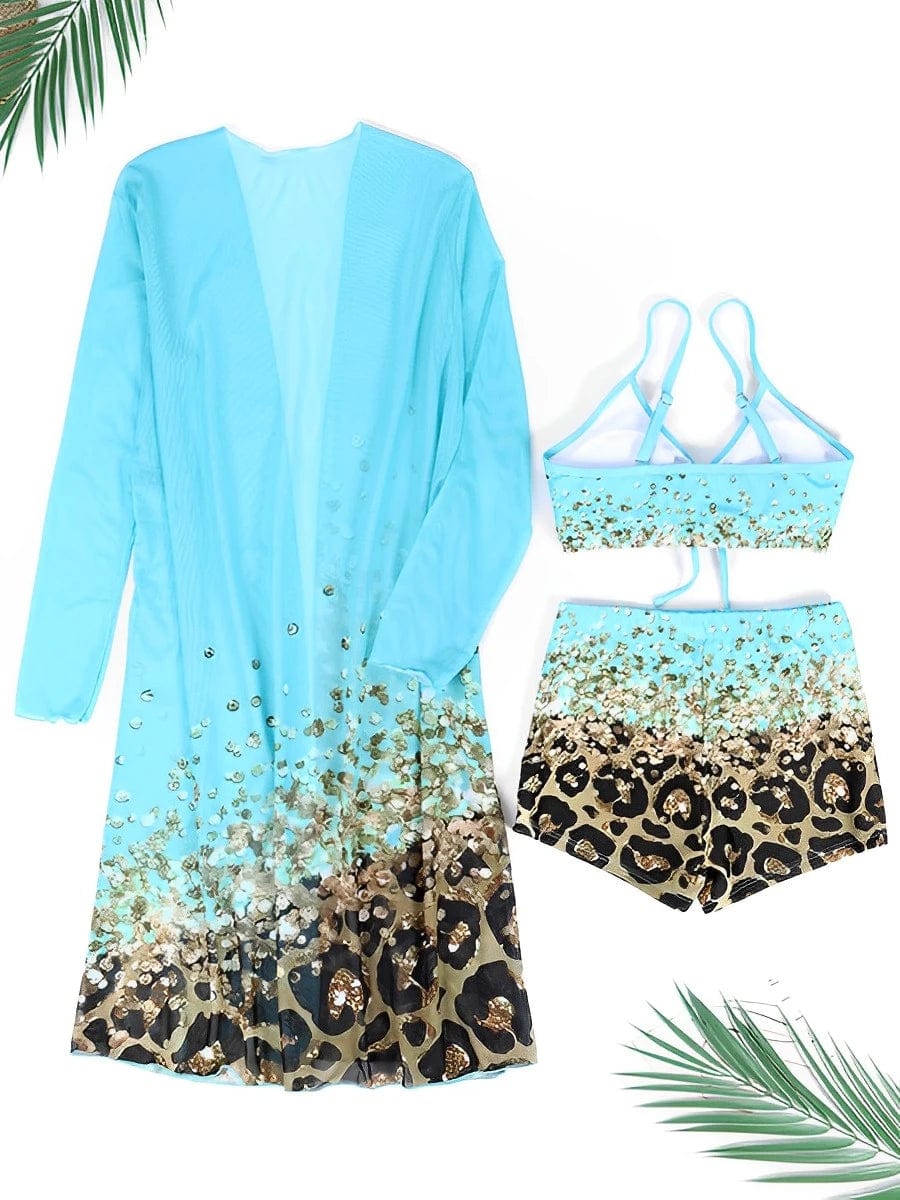 Showlu Fashion women's 3-piece high waist bikini set with matching kimono, featuring stylish design and comfortable fit.