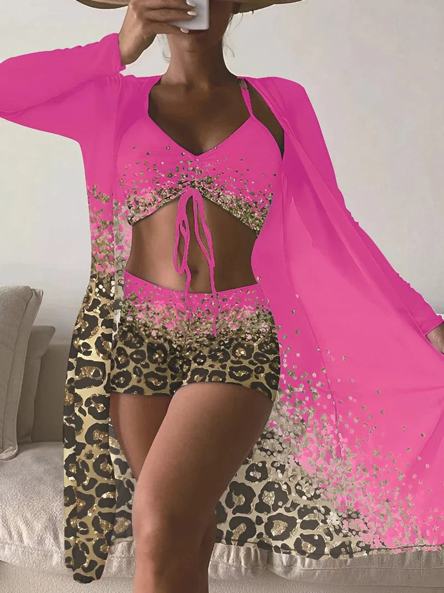 Showlu Fashion women's 3-piece high-waist bikini set with matching kimono, featuring stylish design and comfortable fit.