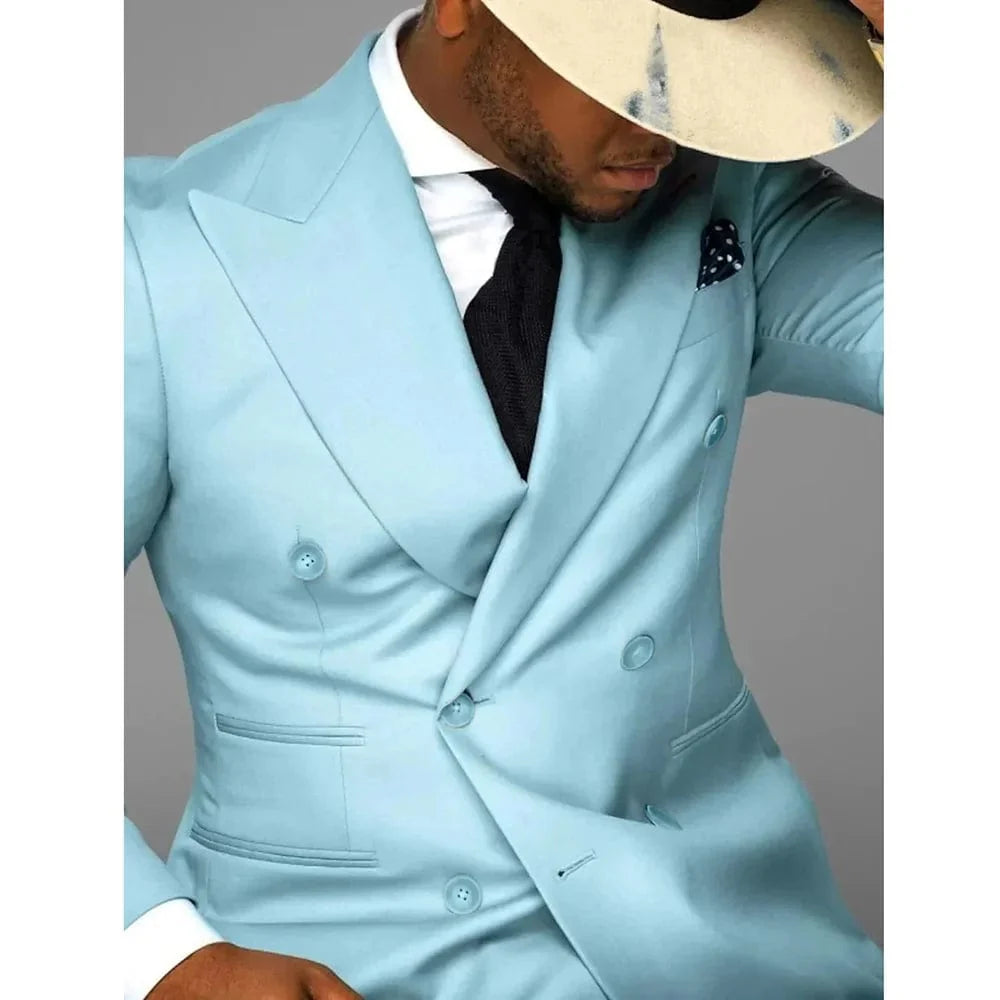 Men's slim fit double breasted wedding suit by Showlu Fashion, featuring a peak lapel blazer and matching pants, ideal for formal events.