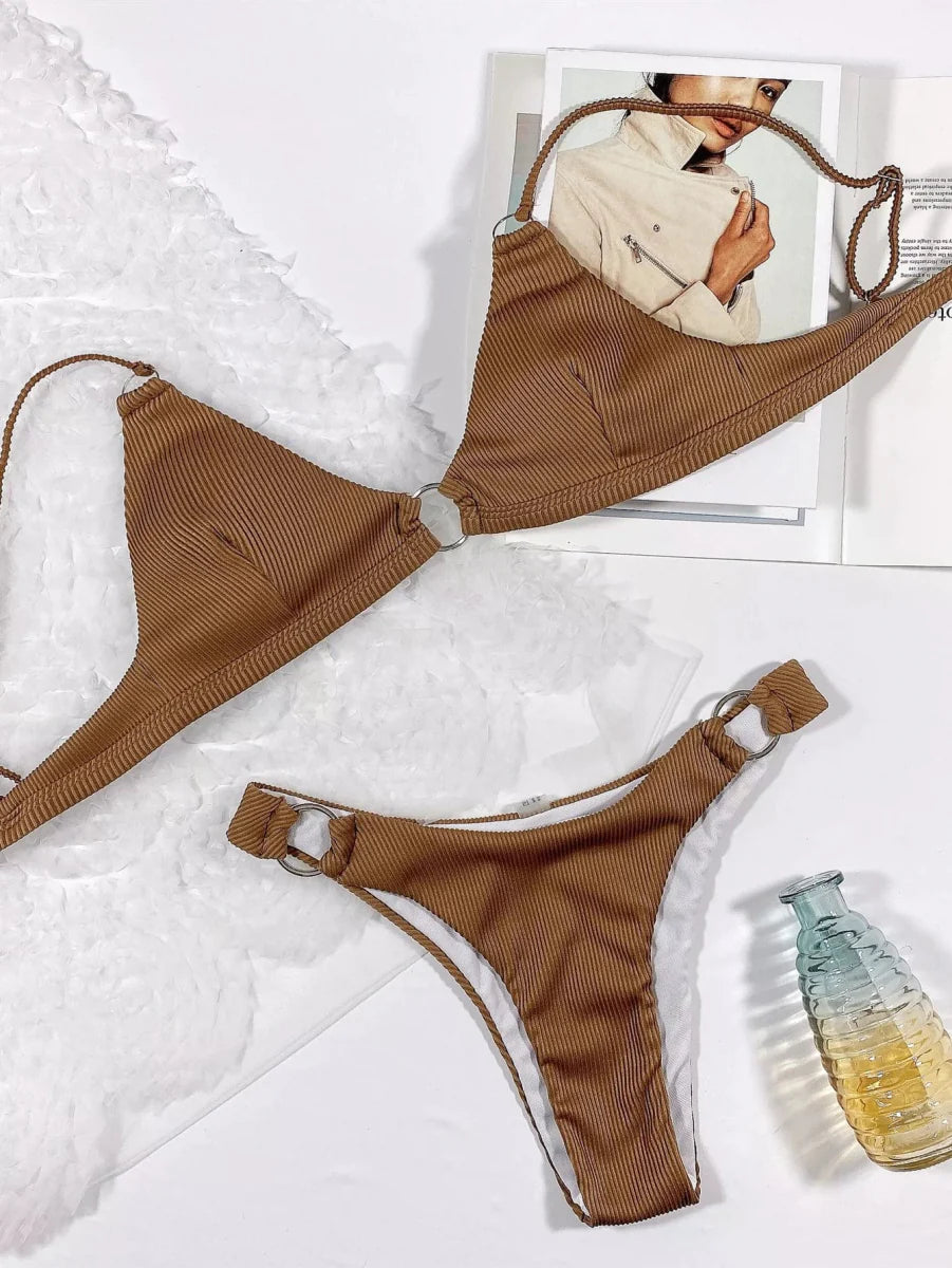Chic Showlu Fashion Triangle Split Swimsuit featuring a European style bikini set with triangle top and high-cut bottoms, in a stylish design.