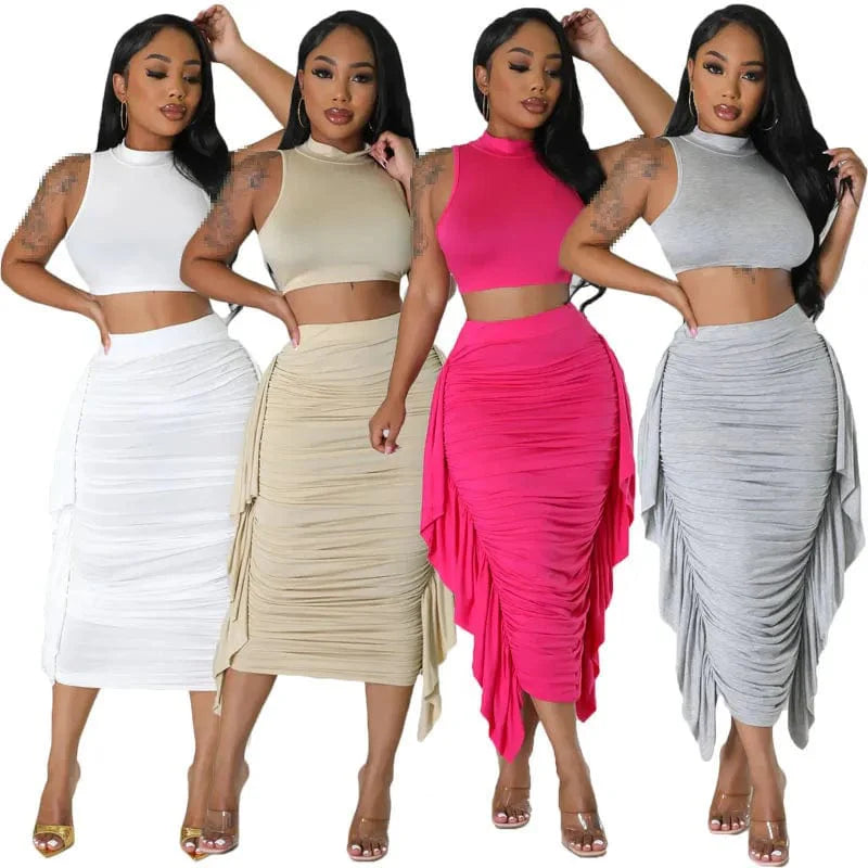 Chic women's two-piece summer outfit from Showlu Fashion featuring a stylish top and matching skirt set.
