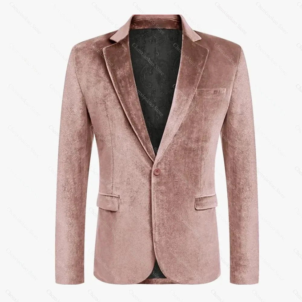 Men's slim fit velvet blazer with one-button notch lapel, long sleeves, stylish formal jacket in a chic design.