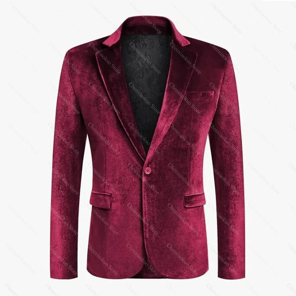 Men's slim fit velvet blazer with one button, notch lapel, long sleeves, stylish casual and formal jacket by SHOWLU FASHION STORE.
