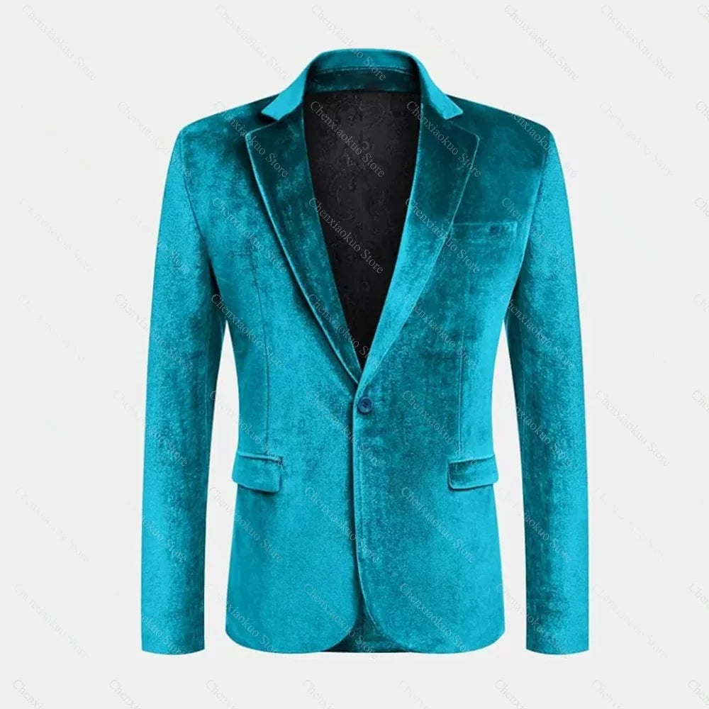 Men's slim fit velvet blazer with one-button notch lapel, long sleeves, stylish casual and formal jacket in deep velvet fabric.