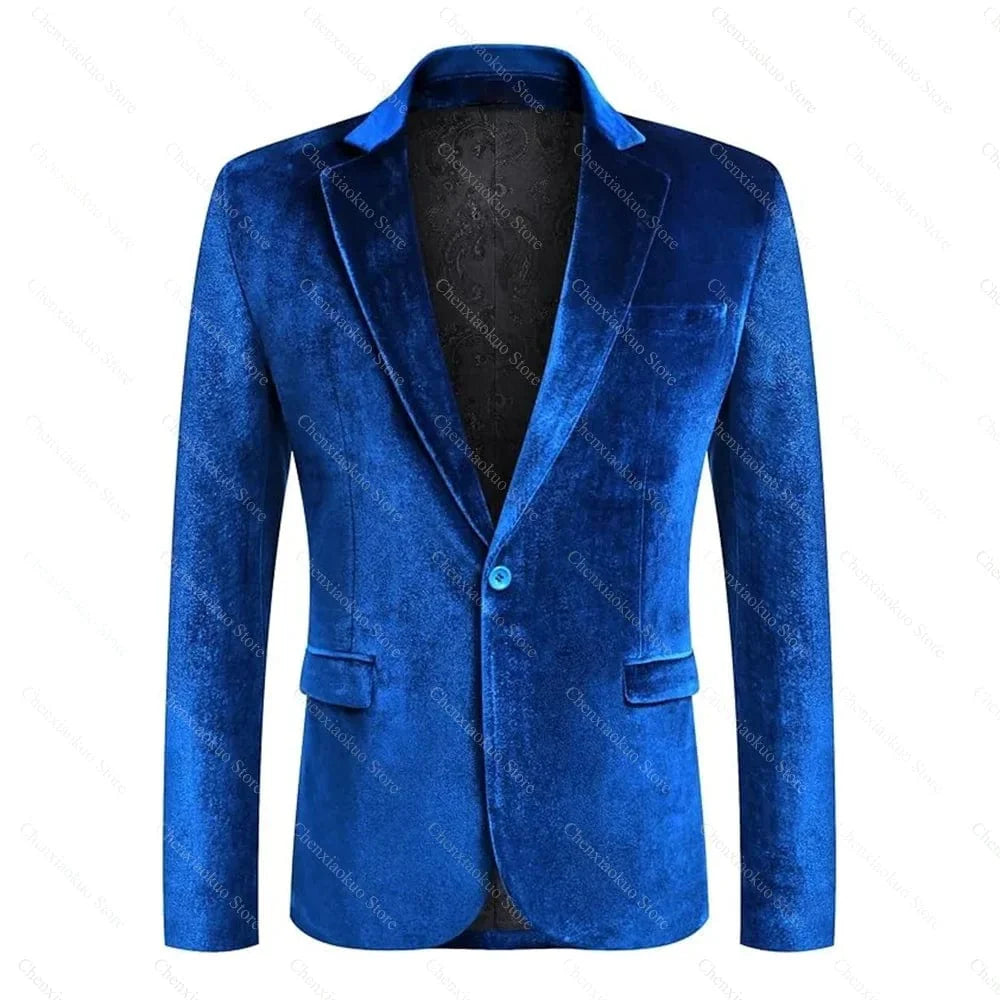 Men's slim fit velvet blazer with one button, notch lapel, long sleeves, stylish casual and formal jacket by SHOWLU FASHION STORE.
