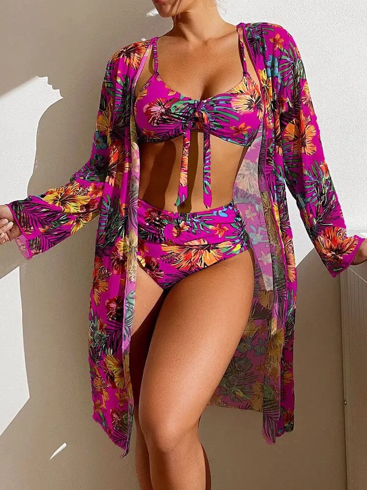 Showlu Women's 3-piece bikini set with mesh smock cover-up, featuring colorful swimwear and beach cover-up for women.