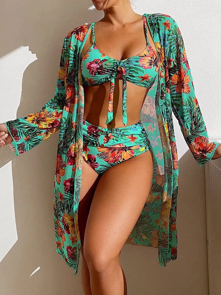 Showlu women's 3-piece bikini set with mesh smock cover-up, featuring colorful swimwear for beach or poolside wear.