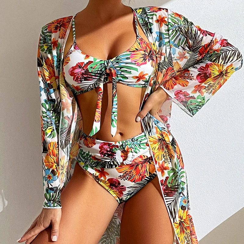 Showlu women's 3-piece bikini set with mesh smock cover-up, featuring colorful swimwear and beach cover-up for summer fun.