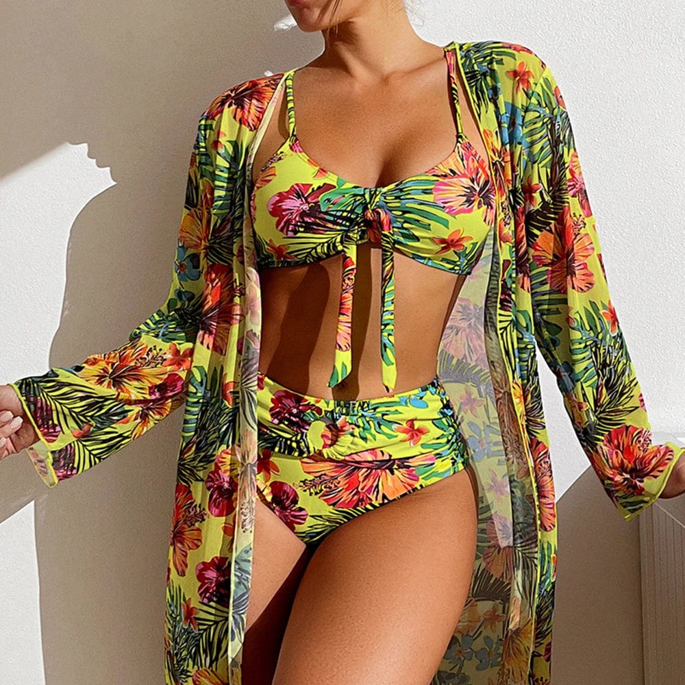 Showlu Women's 3-piece bikini set with mesh cover-up, featuring colorful swimsuits and stylish beachwear for women.