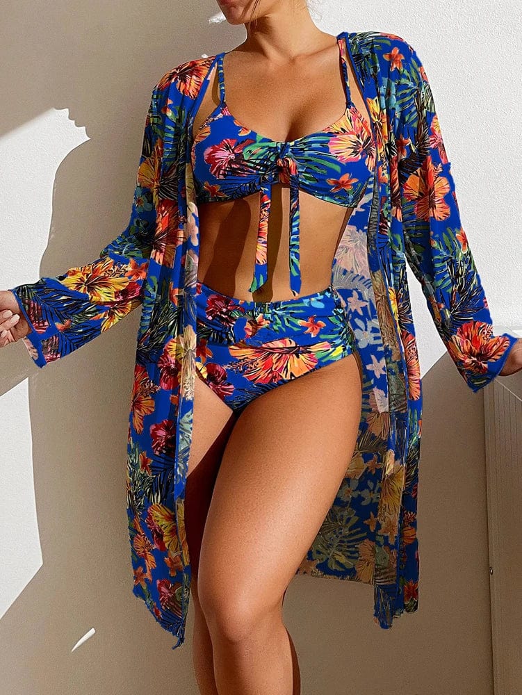 Showlu Women's 3-piece bikini set with mesh smock cover-up, featuring vibrant colors and stylish beachwear design.