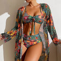 Showlu Women's 3-piece bikini set with mesh smock cover-up, featuring colorful swimwear and beach cover-up on a model.