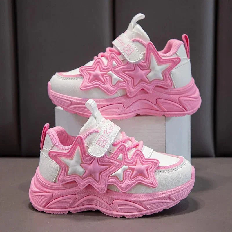 Girls' star running sneakers by SHOWLU FASHION STORE, breathable PU leather shoes with anti-skid rubber soles for children.