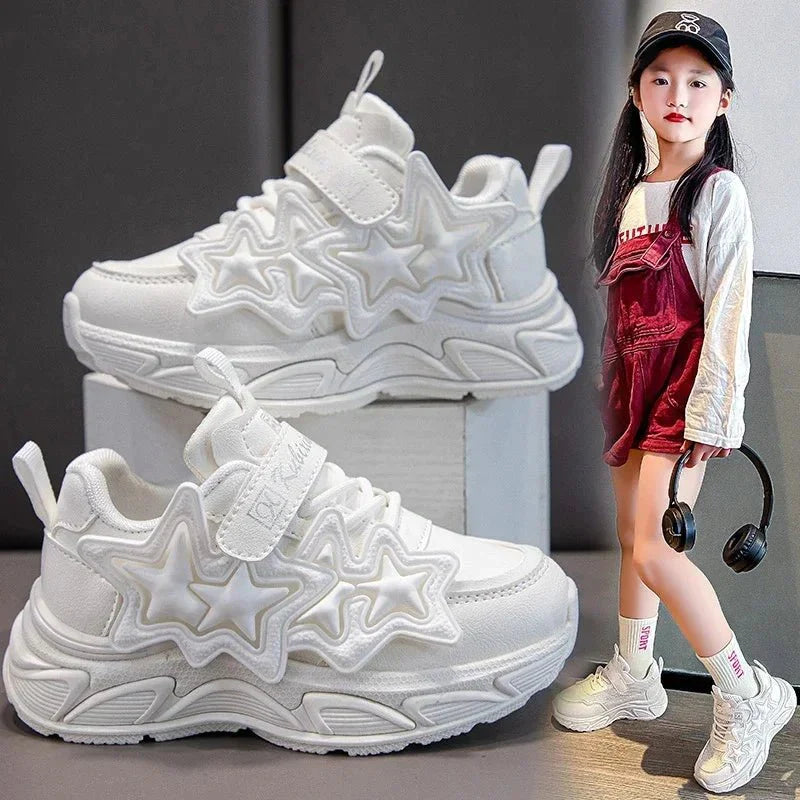 Girls' star running sneakers by SHOWLU FASHION STORE, breathable PU leather shoes with anti-skid soles for active children.