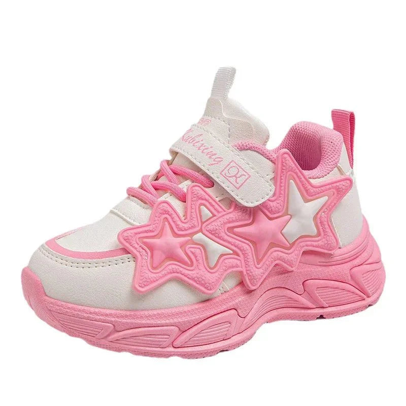 Girls' star running sneakers by SHOWLU FASHION STORE with breathable PU leather, soft soles, anti-skid design, ideal for active children.