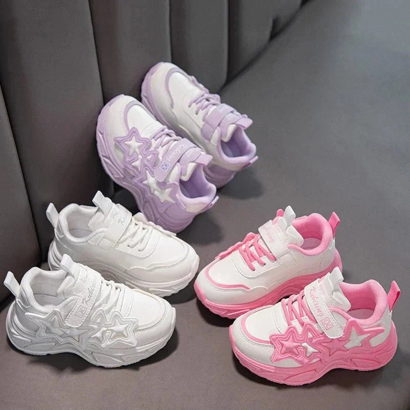 Girls' star running sneakers by SHOWLU FASHION STORE, breathable PU leather shoes with anti-skid rubber soles for kids.