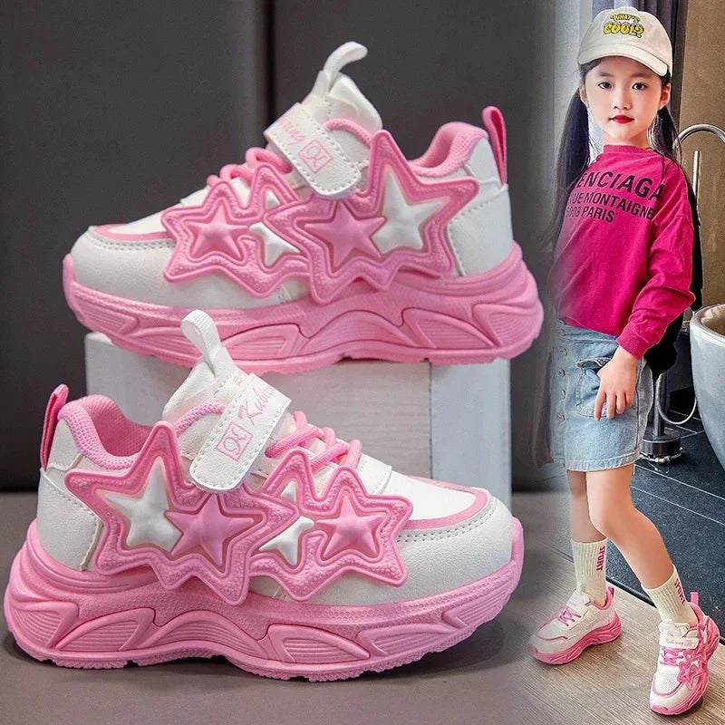 Girls' star running sneakers from JGSHOWKITO by SHOWLU FASHION, featuring breathable PU leather, rubber sole, and stylish star design.
