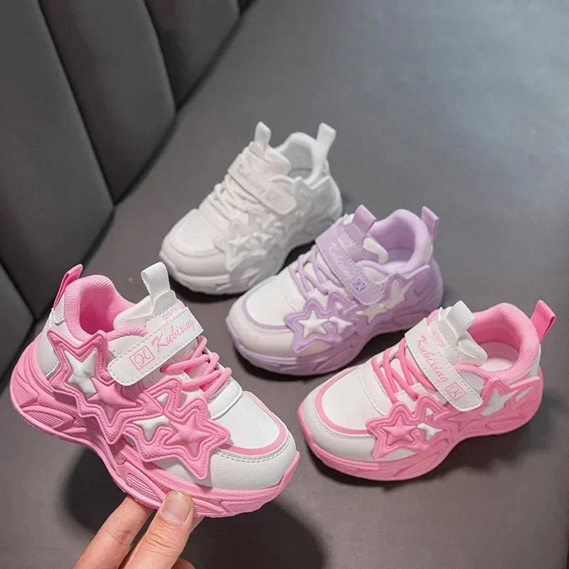 Girls' star running sneakers by SHOWLU FASHION STORE with breathable PU leather, rubber sole, and anti-skid design for kids.