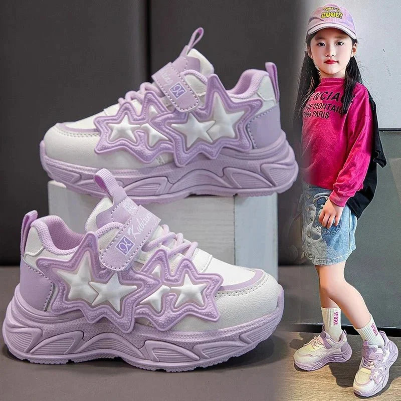 Girls' star running sneakers by SHOWLU FASHION STORE, breathable PU leather shoes with anti-skid rubber soles for active play.